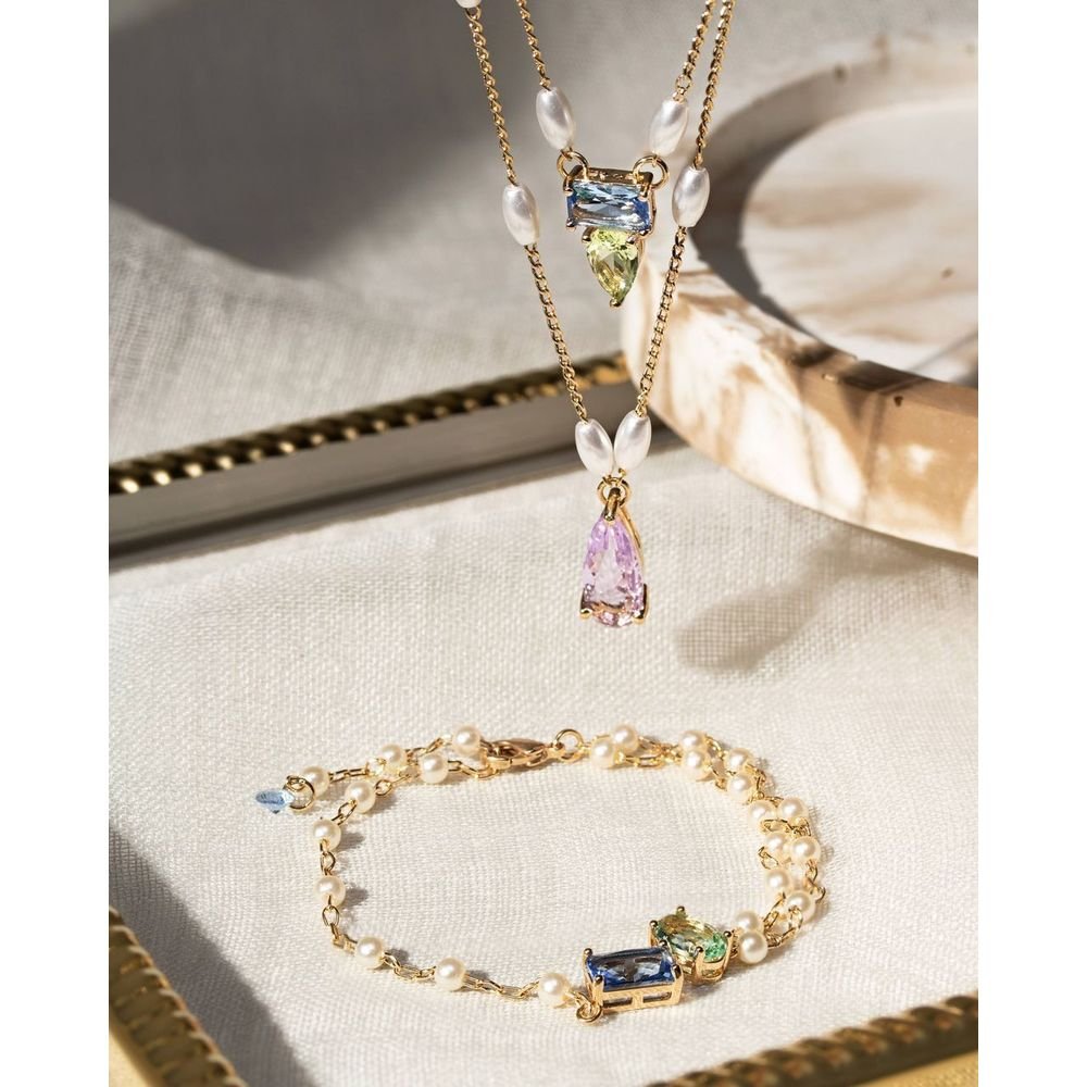 Pulseira Pérolas E Zircônias Berilo Topázio London Semijoia Dourado 3