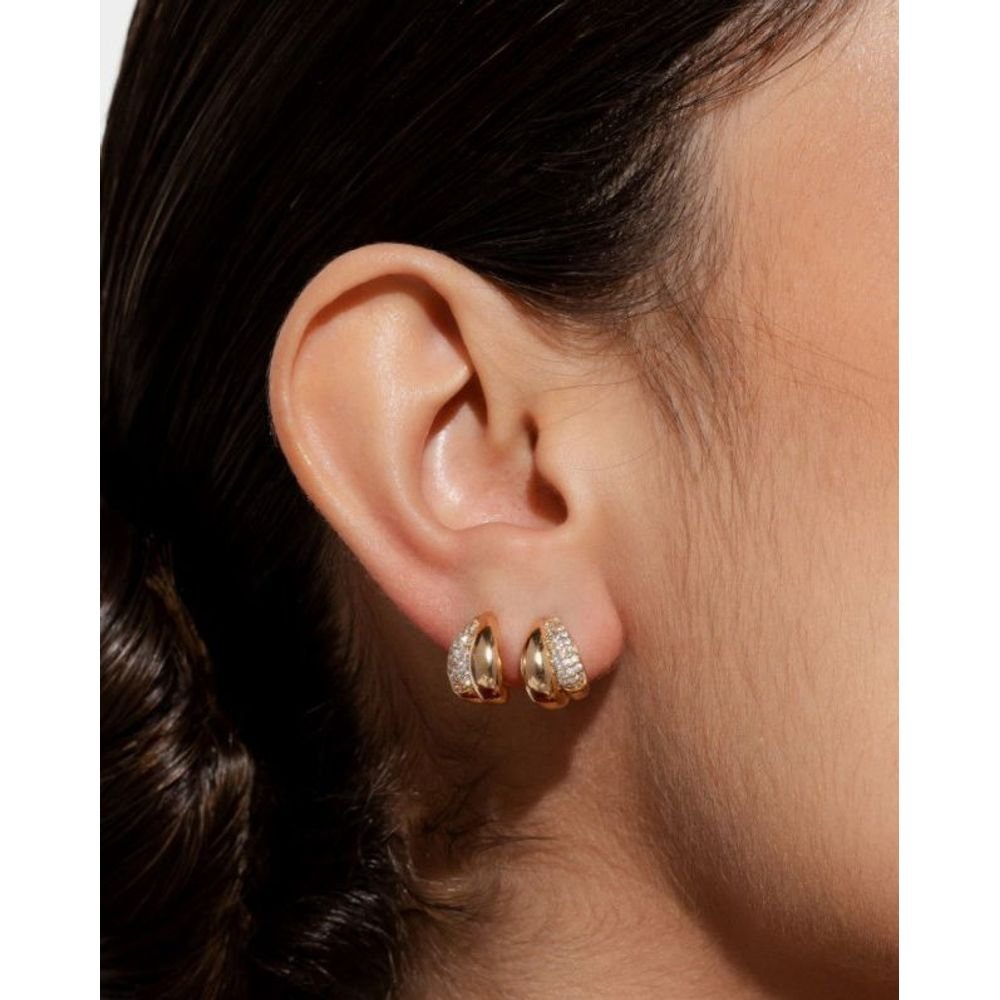 Brinco Meia Argola Dupla Pequena Zircônias Semijoia Dourado 3