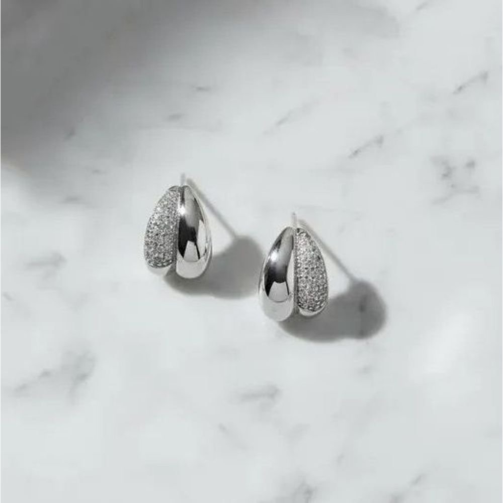 Brinco Meia Argola Dupla Pequena Zircônias Semijoia Rodio Prata 2