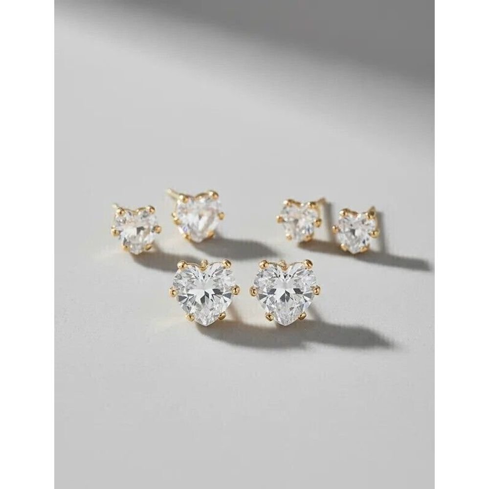 Trio De Brincos Zircônias Cristal Coração Semijoia Dourado 2