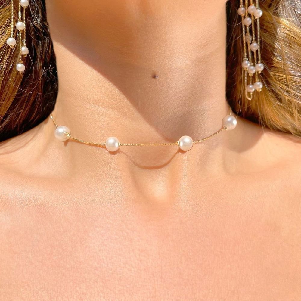 Colar Choker Pérolas Redondas Semijoia Banhada A Ouro Dourado 2