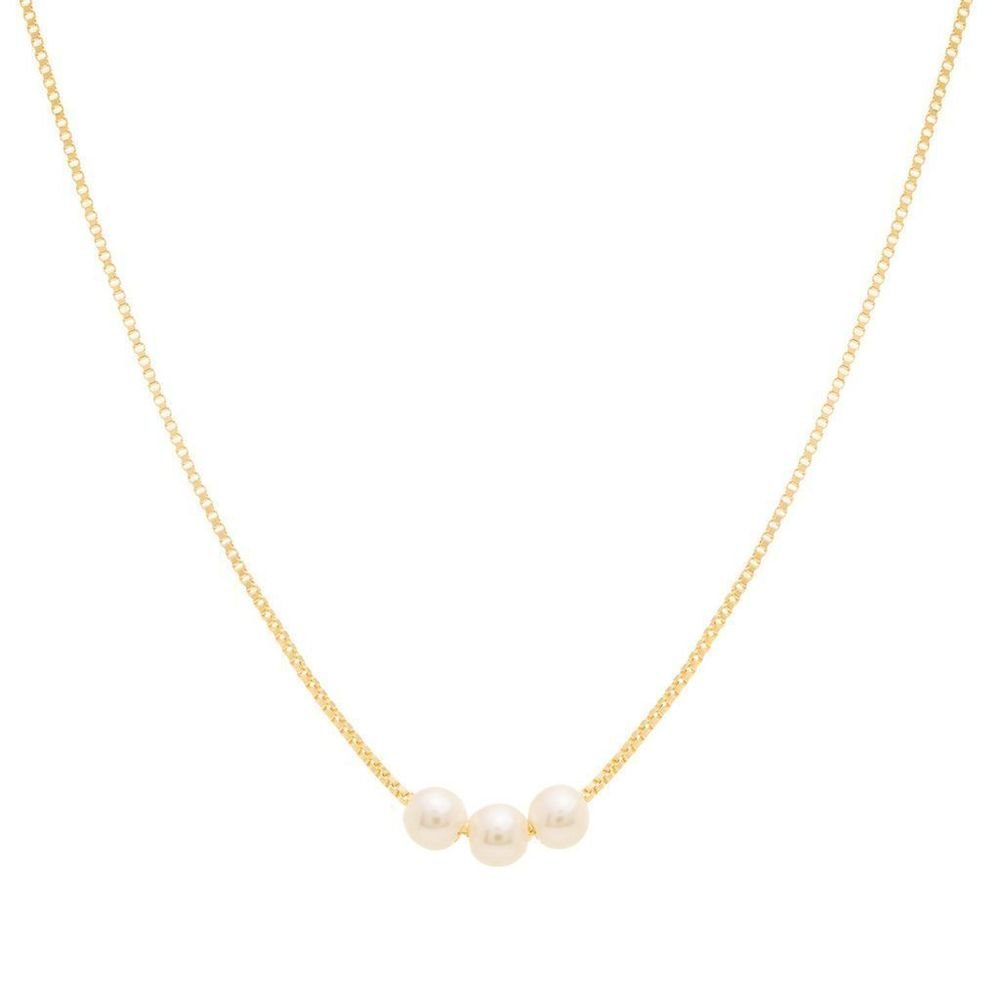 Colar Delicado Três Pérolas Semijoia Banhada A Ouro 18k
