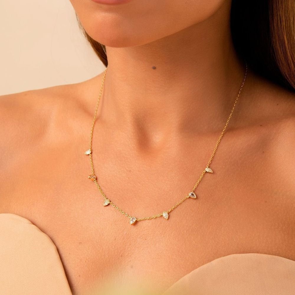 Colar Gotinhas em Zircônias Semijoia Banho Ouro Dourado 2