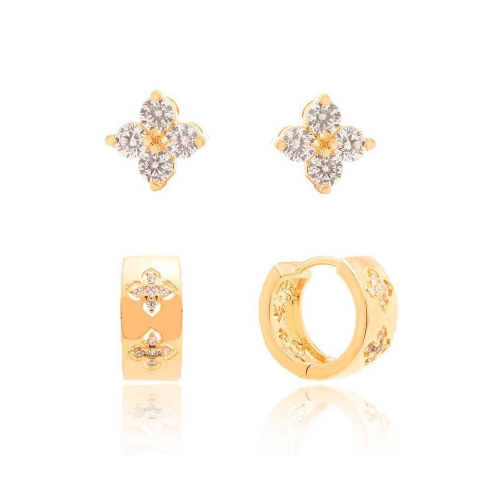 Duo Brincos Argolinha e Trevinho Zircônias Semijoia