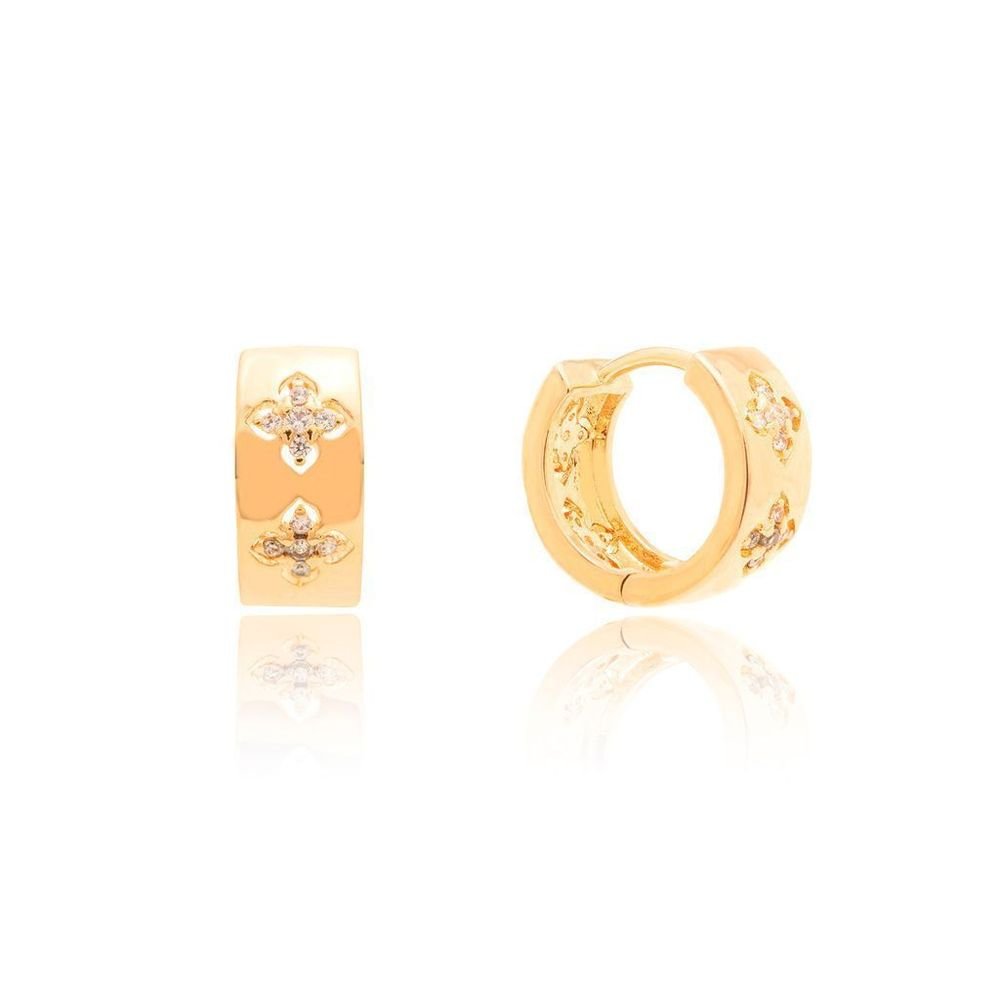 Duo Brincos Argolinha e Trevinho Zircônias Semijoia Dourado 5
