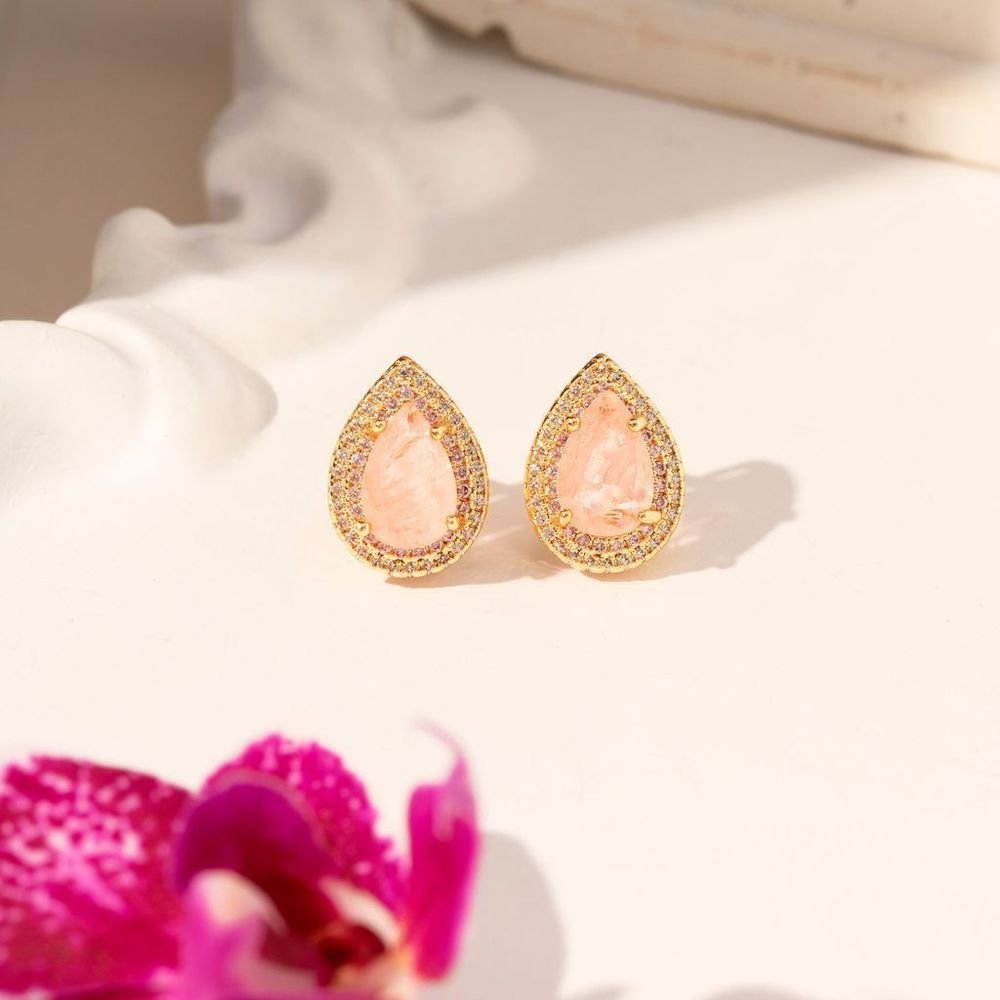 Brinco Gota Pedra Fusion Morganita Rosa Zircônias Semijoia Dourado 3