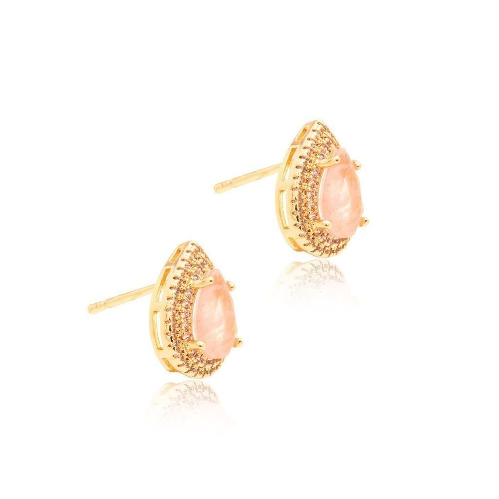 Brinco Gota Pedra Fusion Morganita Rosa Zircônias Semijoia Dourado 4