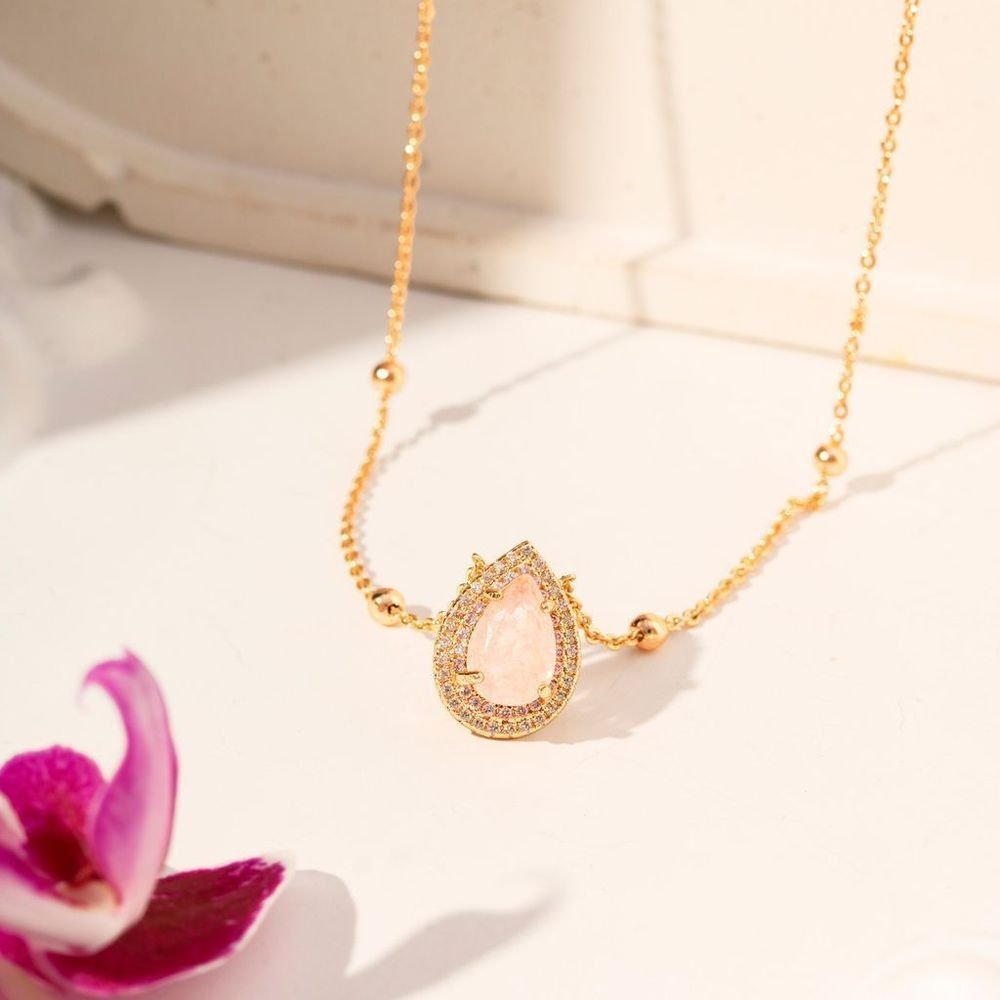 Colar Gota Fusion Morganita Rosa com Zircônias Semijoia Dourado 2
