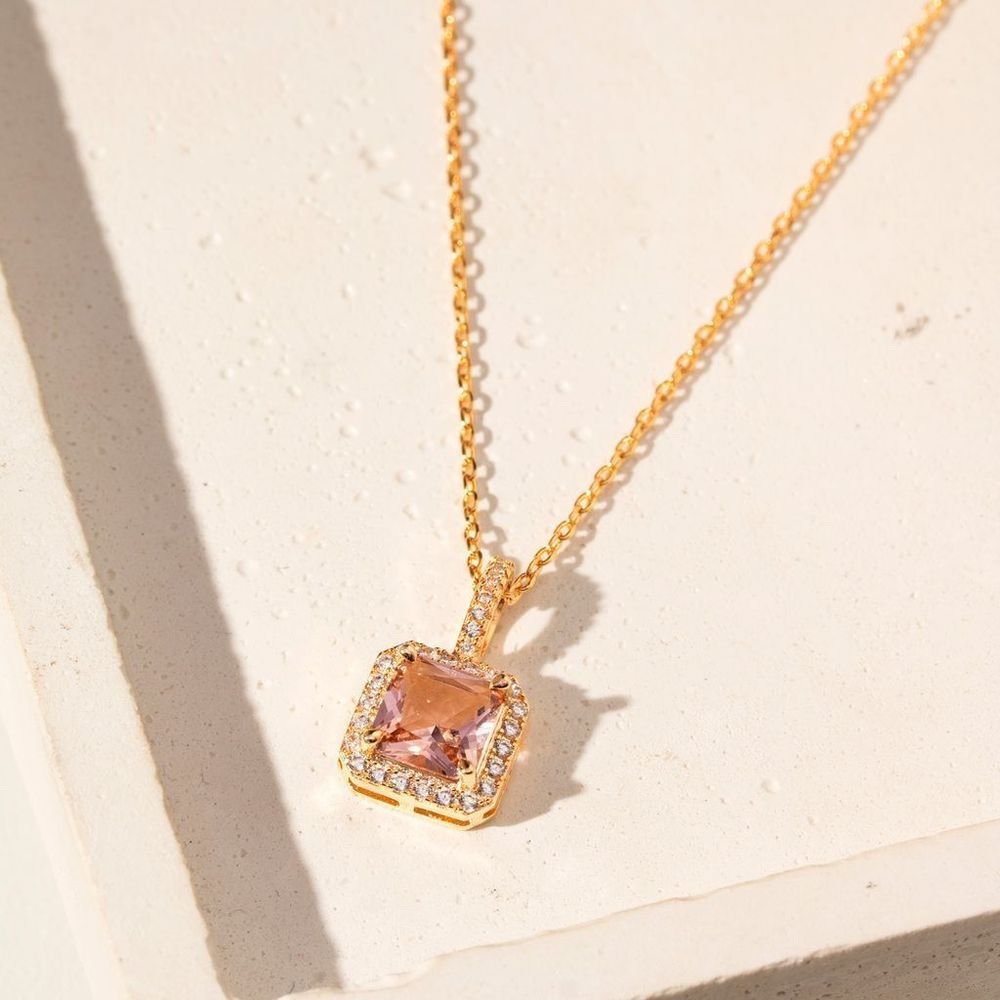 Colar Pingente Quadrado Cristal Rodolita Semijoia Dourado 2