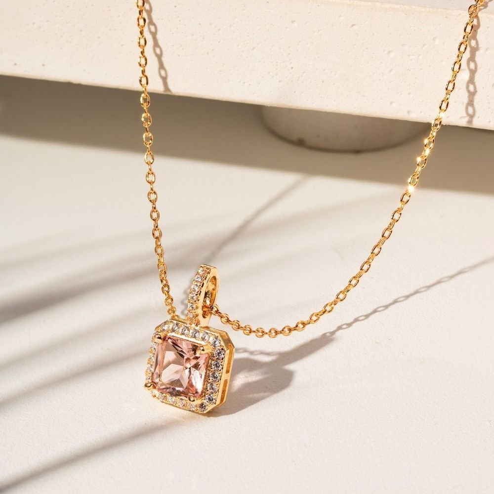 Colar Pingente Quadrado Cristal Rodolita Semijoia Dourado 4