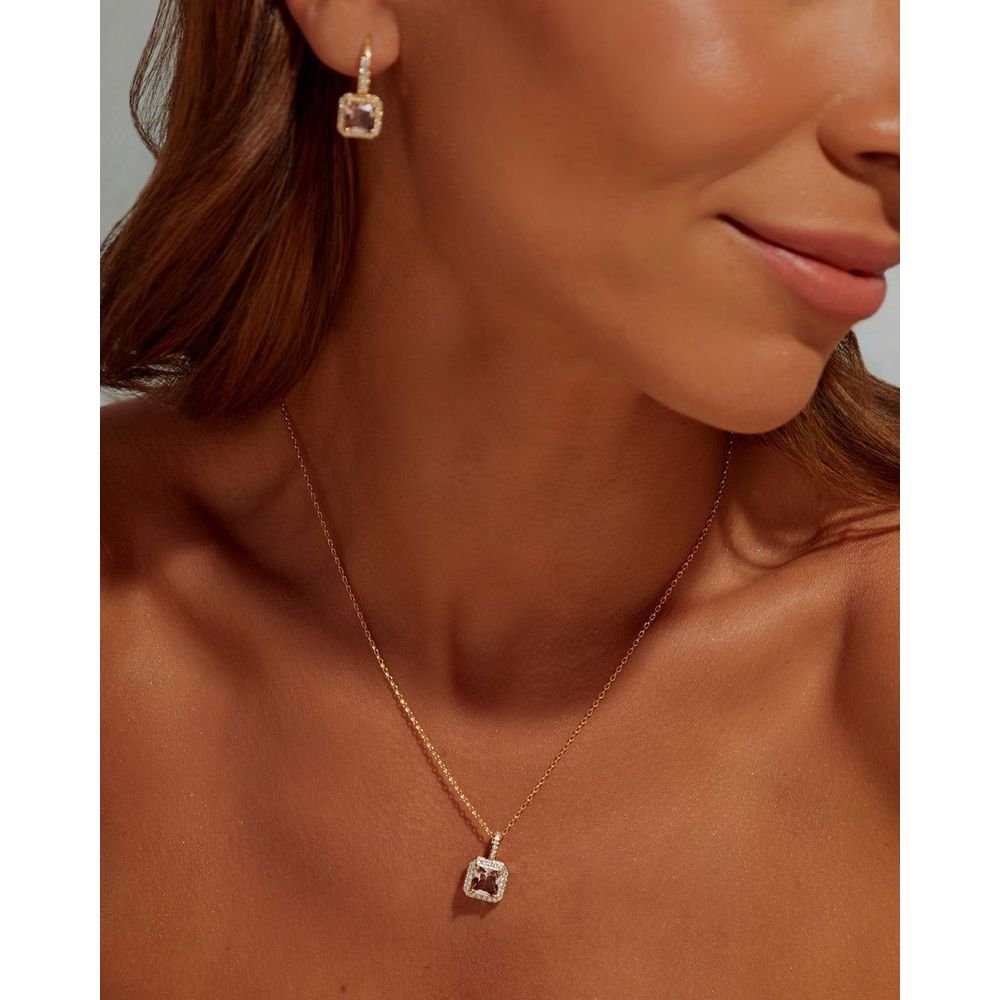 Colar Pingente Quadrado Cristal Rodolita Semijoia Dourado 5