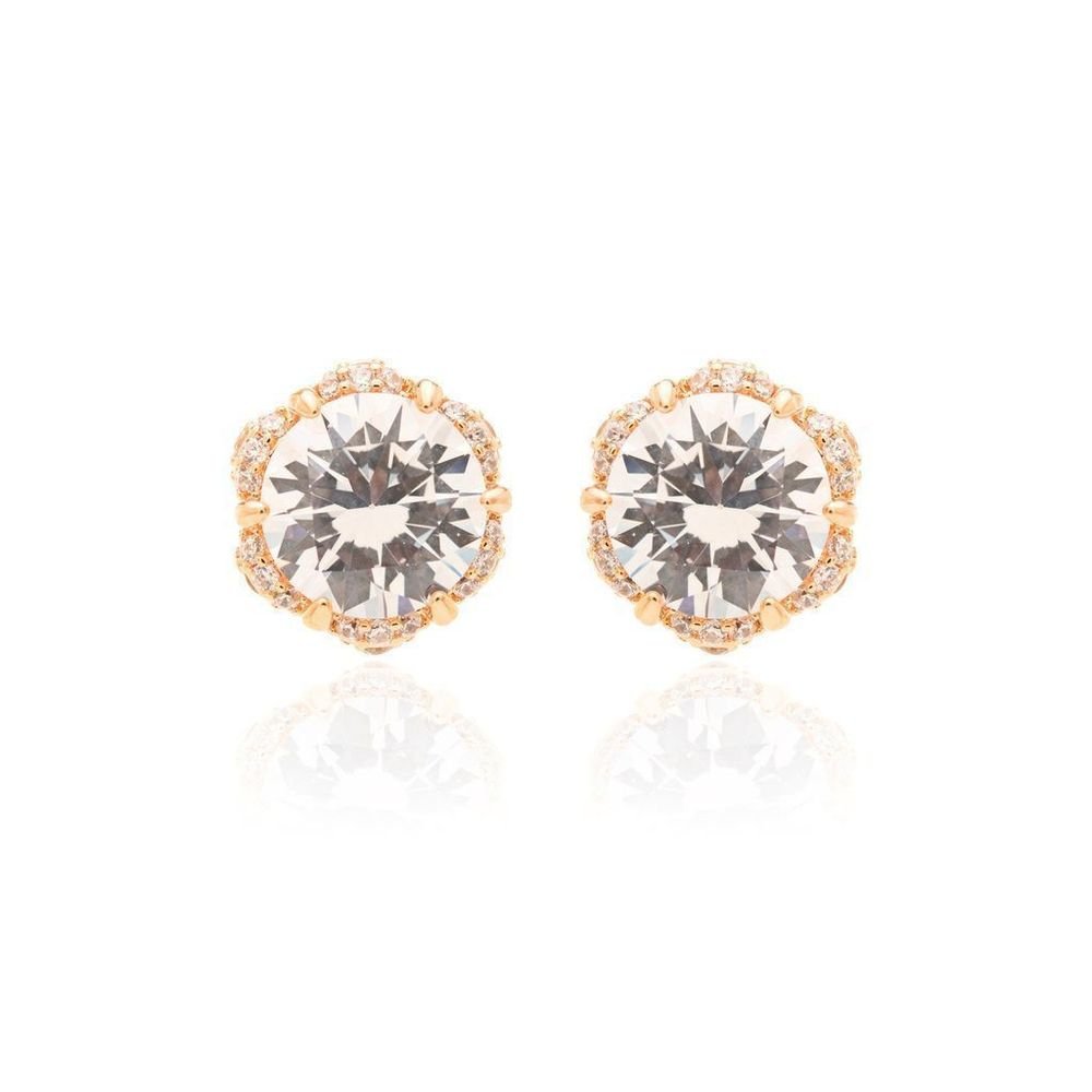 Brinco Cristal Redondo Bordado Zicônias Banhado a Ouro 18k