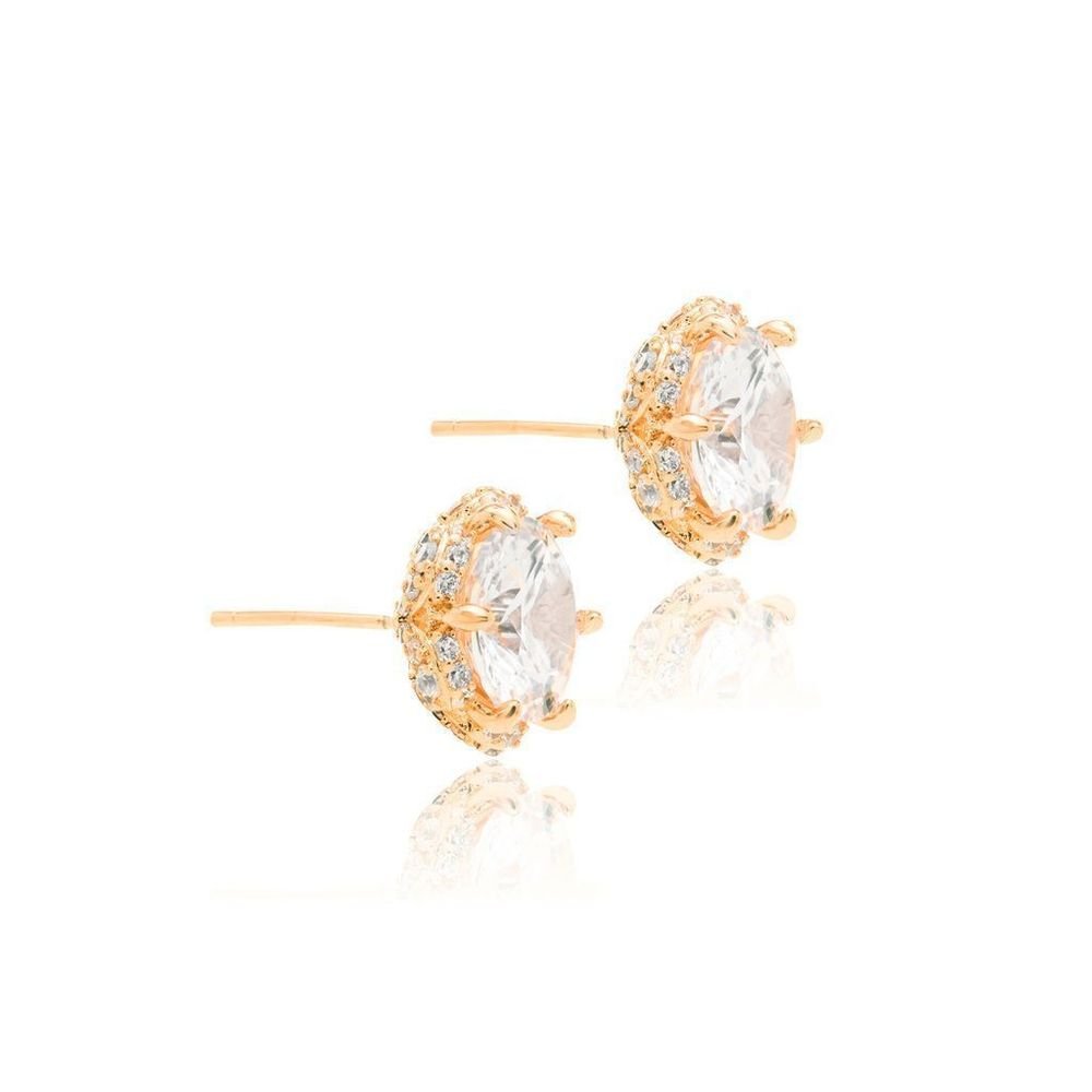 Brinco Cristal Redondo Bordado Zicônias Banhado a Ouro 18k Dourado 5