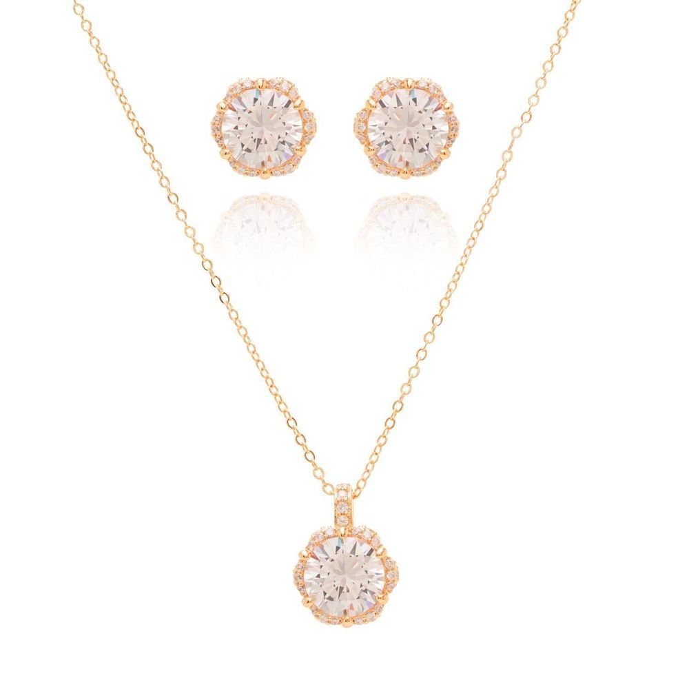 Conjunto Colar e Brinco Roseta de Zircônia Semijoia