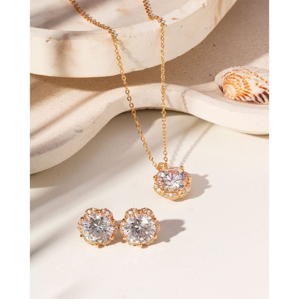 Conjunto Colar e Brinco Roseta de Zircônia Semijoia Dourado 2