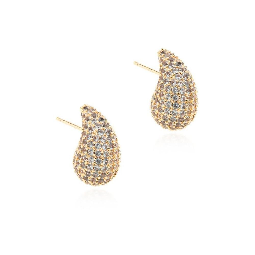 Brinco Gota Cravejada por Zircônias Azul Topázio Semijoia Dourado 4