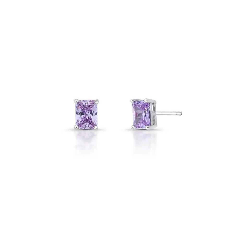 Brinco Cristal Retangular Roxo Ametista Semijoia Rodio