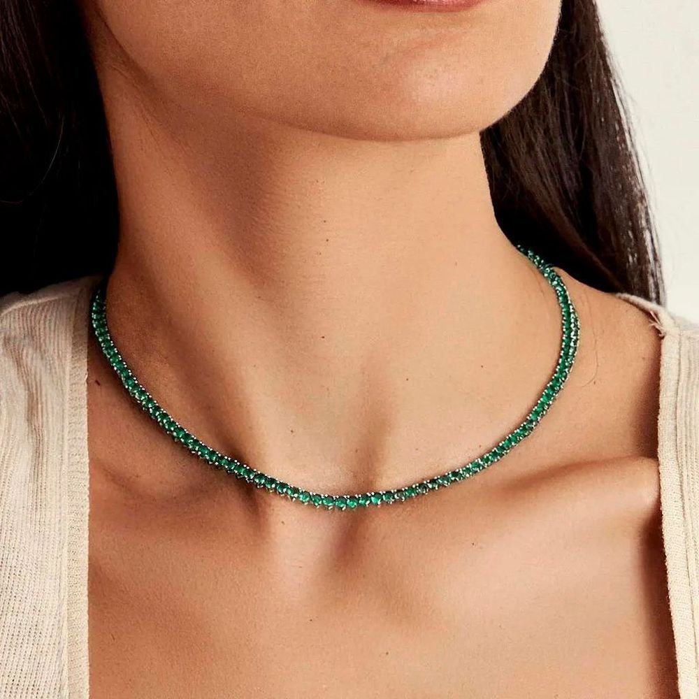 Colar Riviera 3 Garras Verde Esmeralda Semijoia Banho Rodio Verde 2
