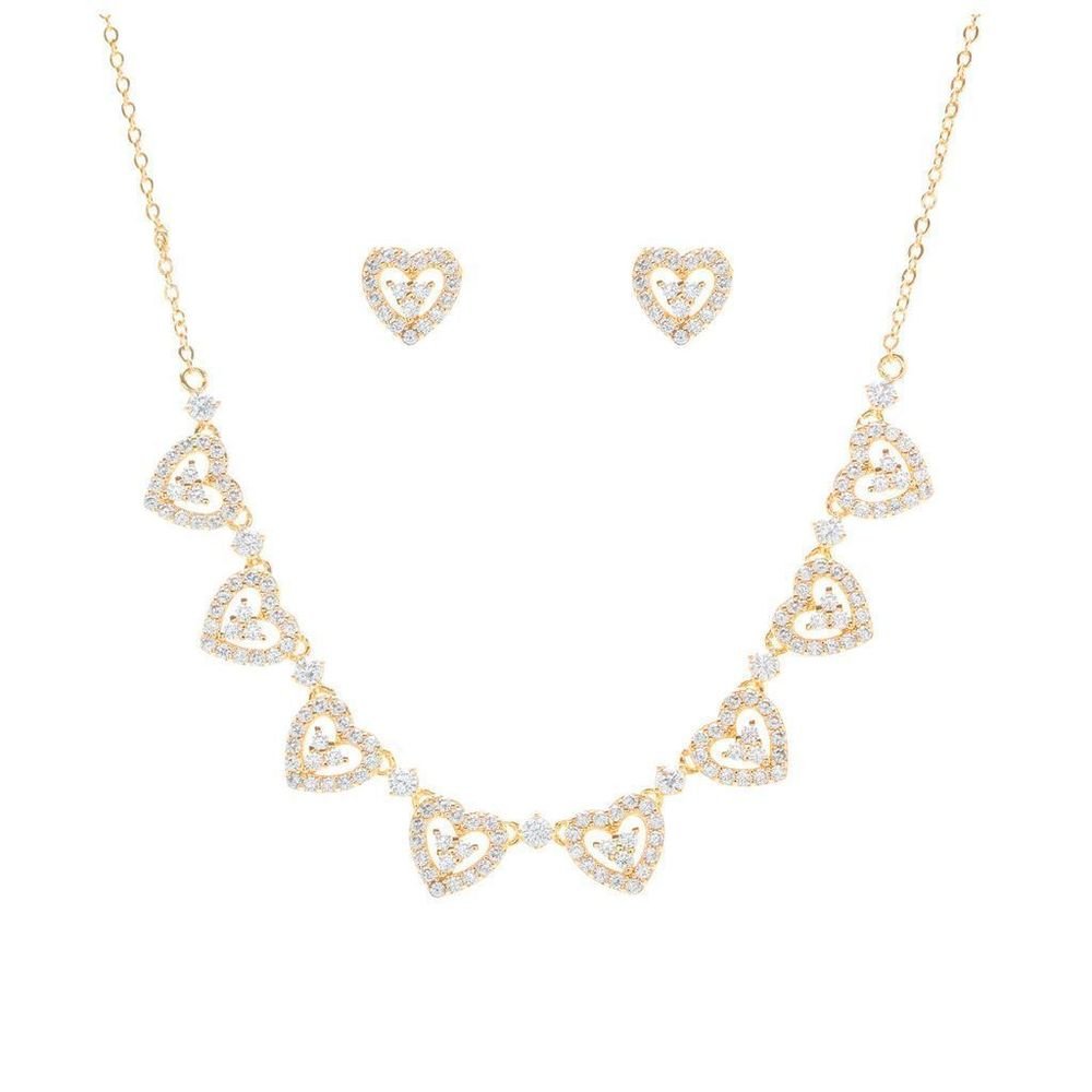 Conjunto Colar e Brinco Corações em Zircônias Banhado a Ouro