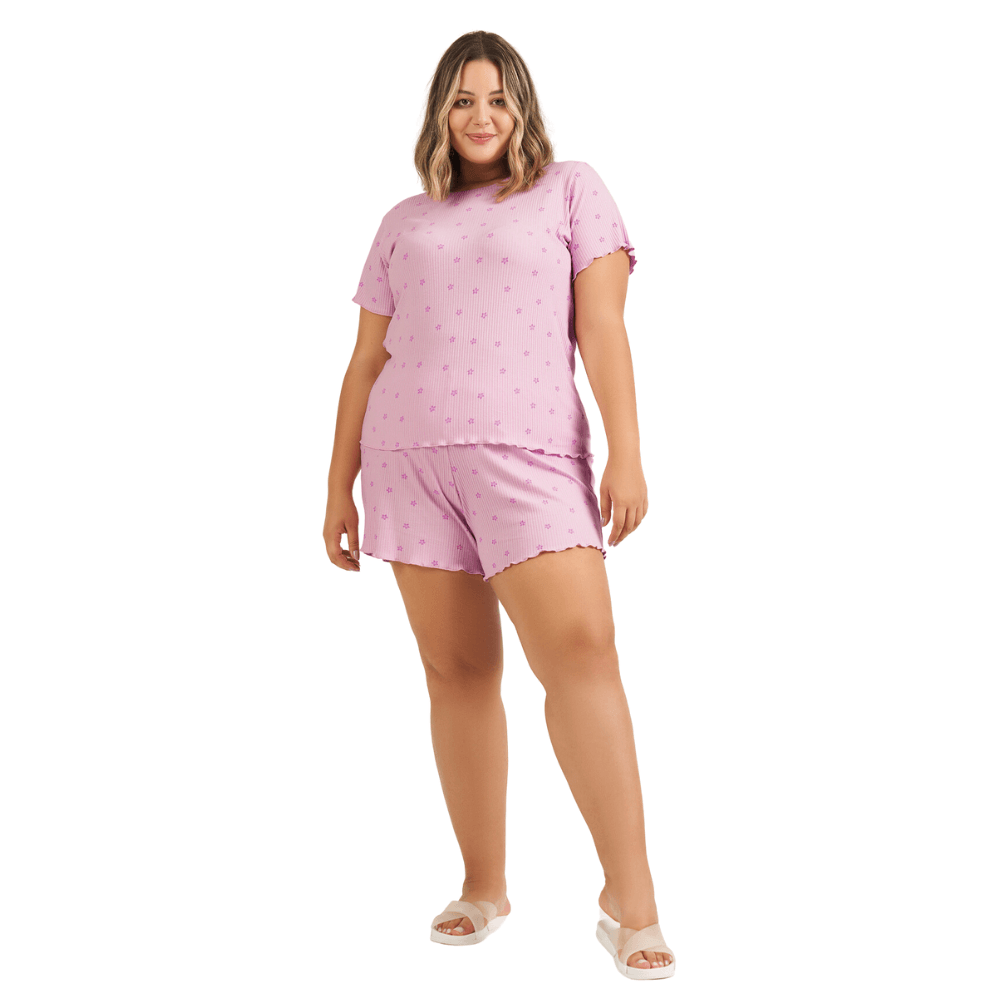 Pijama Cor Com Amor Canelado Visco Comfy Plus Size 13390 Rosa