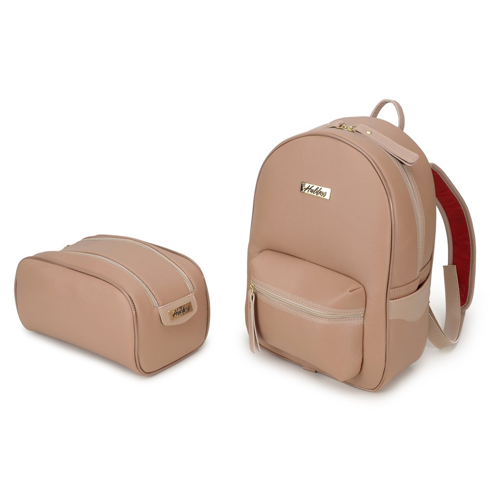Kit Mochila Haldrys Media Textura com Bolsos Ziper e Necessaire Bege 1