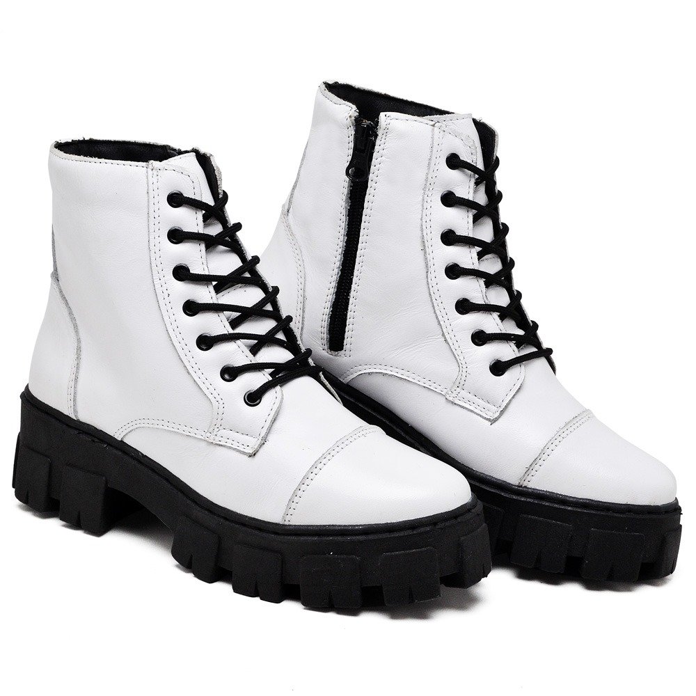 Bota Coturno  Haldrys de Couro Lisa com Sola Tratorada Alta Ziper e Cadarço Branco 2