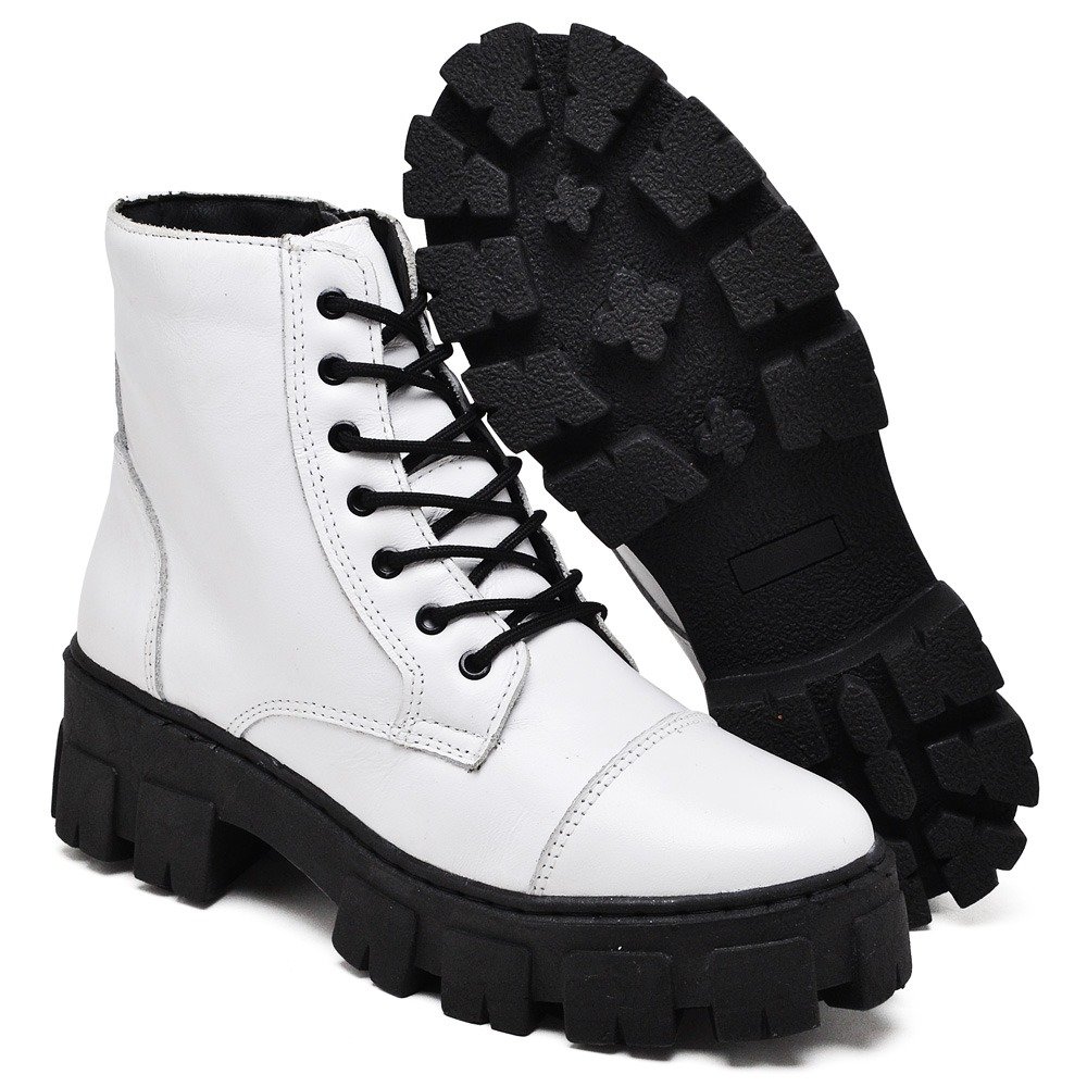 Bota Coturno  Haldrys de Couro Lisa com Sola Tratorada Alta Ziper e Cadarço Branco 4