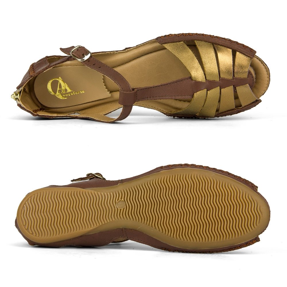 Sandália QA Conforto Casual Sola Reta Fecho de Fivela Feminino Marrom 2