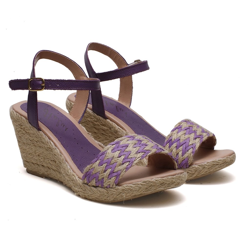 Sandália Anabela em Couro Feminino Fivela Detalhe Trança Sola Corda Confortável Roxo 2