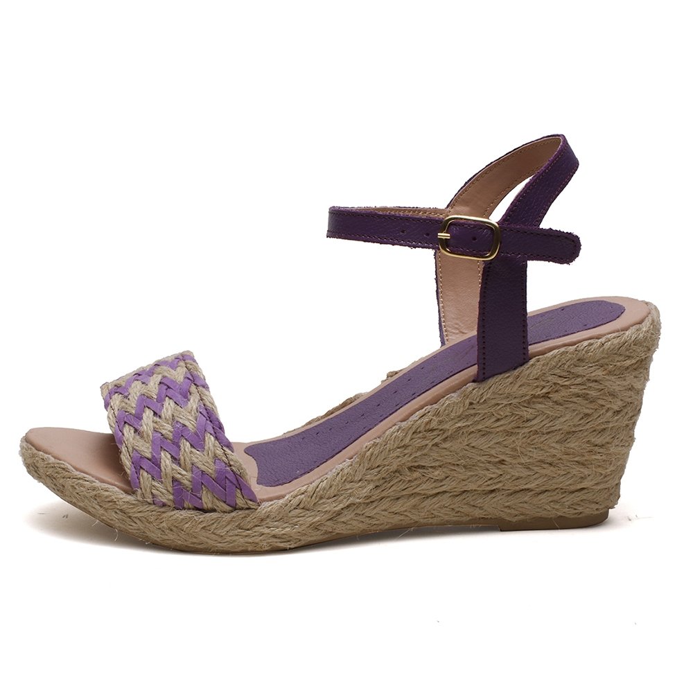 Sandália Anabela em Couro Feminino Fivela Detalhe Trança Sola Corda Confortável Roxo 4