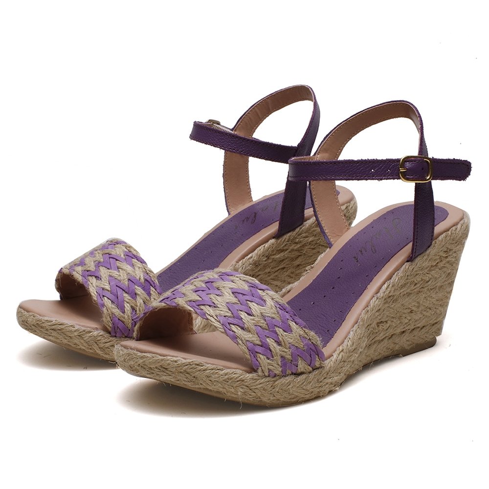 Sandália Anabela em Couro Feminino Fivela Detalhe Trança Sola Corda Confortável Roxo 5