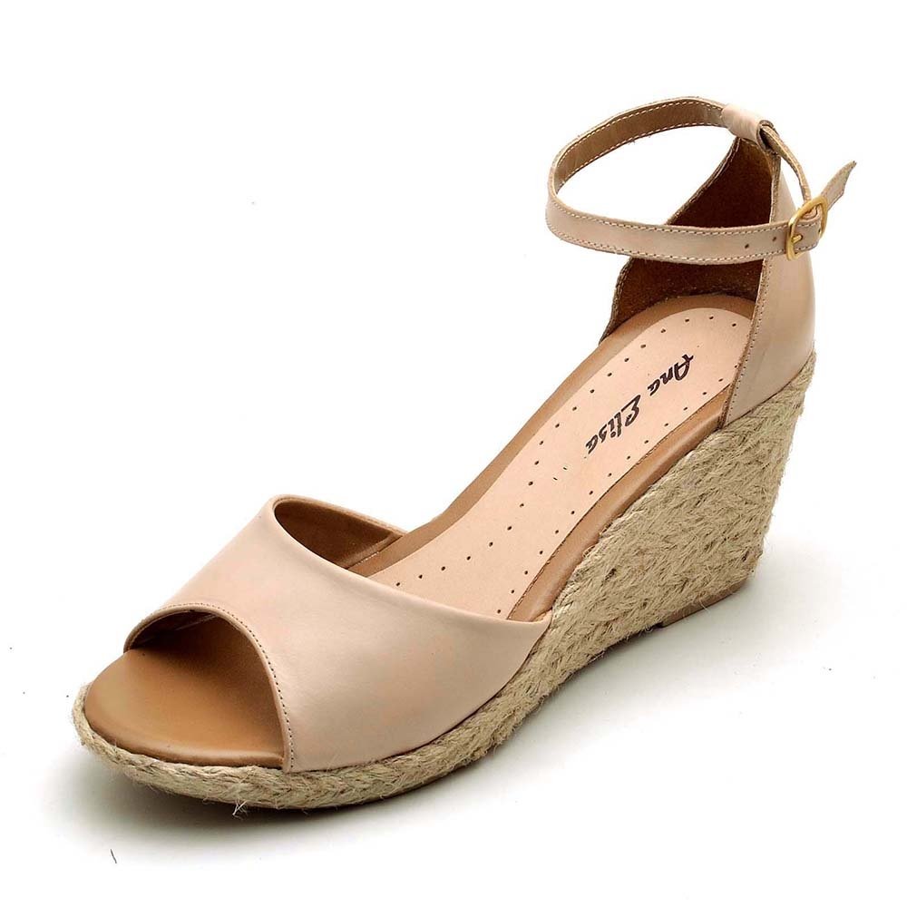 Sandália Anabela em Couro Feminino Fivela Elegante Sofisticado Sola Corda Confortável Bege 2