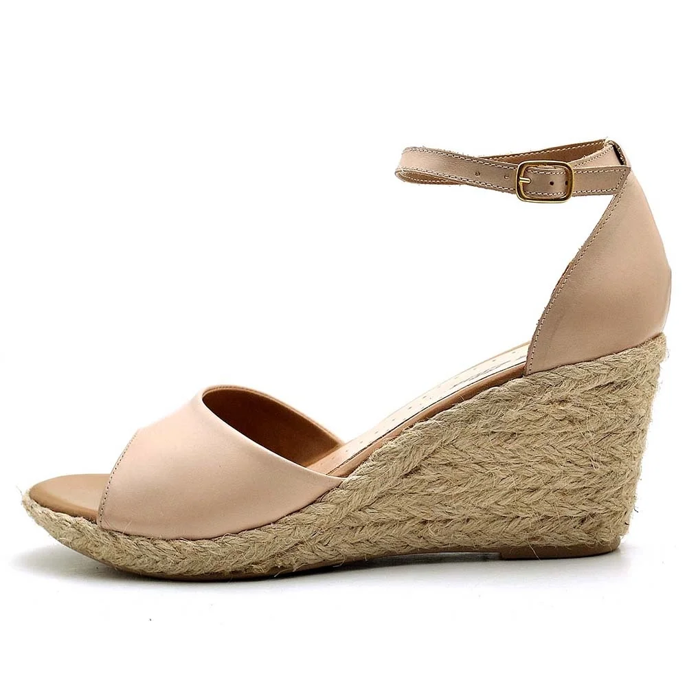 Sandália Anabela em Couro Feminino Fivela Elegante Sofisticado Sola Corda Confortável Bege 3