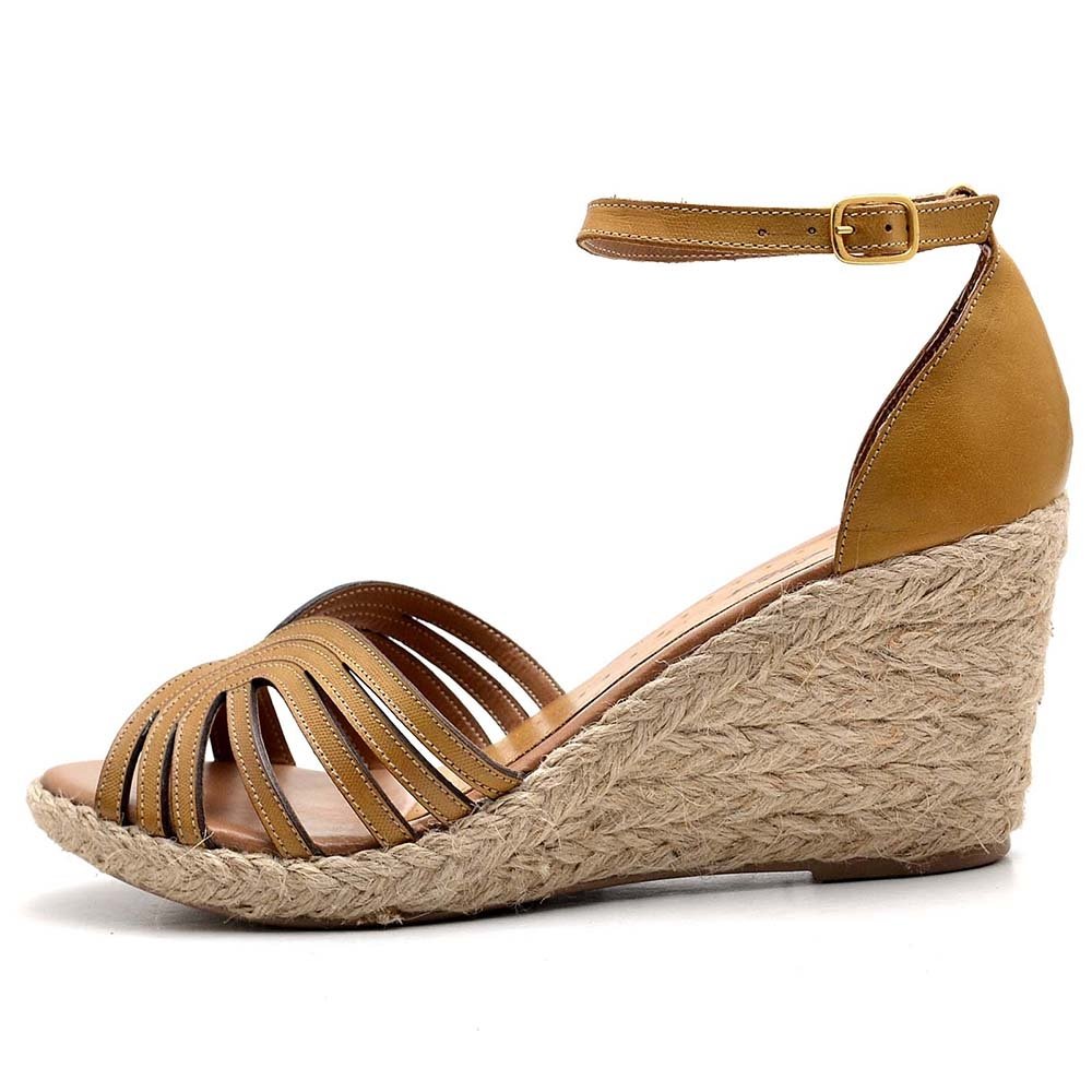 Sandália Anabela em Couro Feminino Tiras Fivela Sola Corda Confortável Amarelo 3