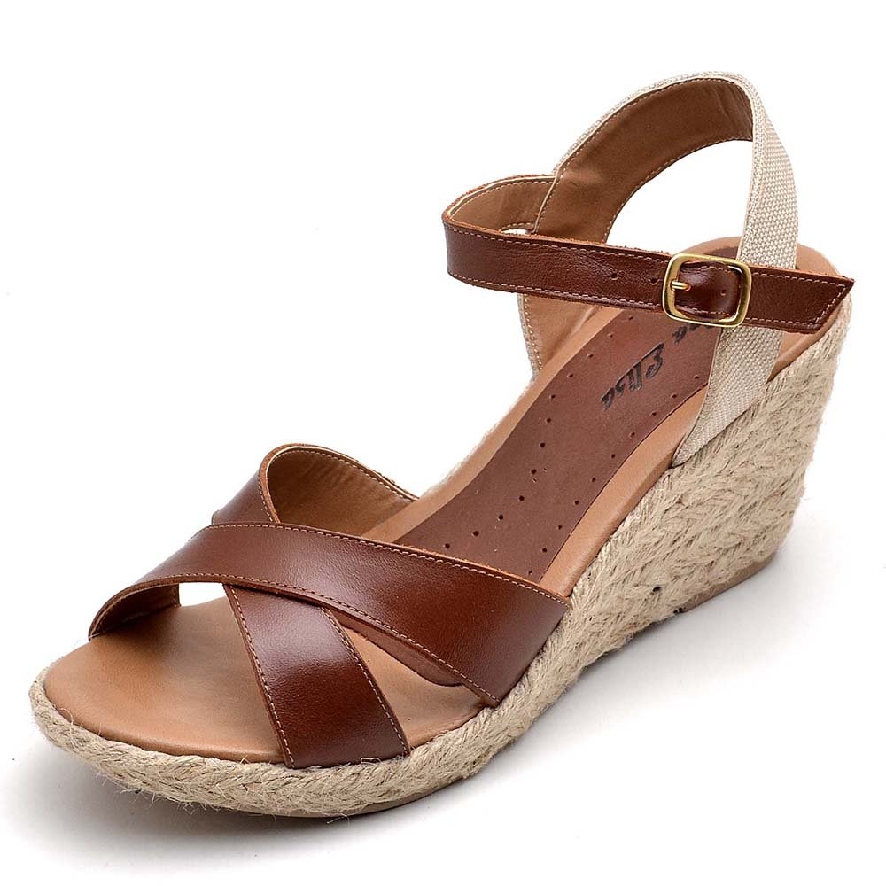 Sandália Anabela em Couro Feminino Tirar Fivela Sola Corda Natural Confortável Marrom 2