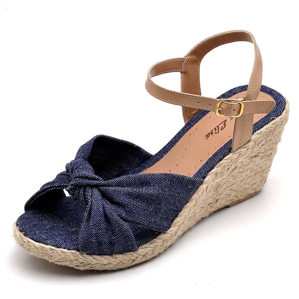 Sandália Anabela em Couro Feminino Fivela Detalhe Nó Elegante Confortável Azul 2