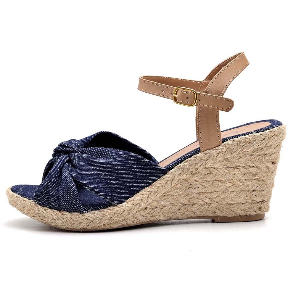 Sandália Anabela em Couro Feminino Fivela Detalhe Nó Elegante Confortável Azul 3