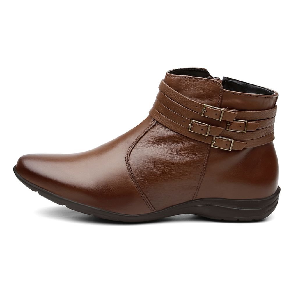 Bota Flat em Couro Feminino Rasteira Zíper Fivelas Resistente Confortável Marrom 4