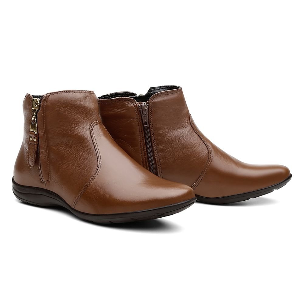Bota Flat em Couro Feminino Rasteira Básico Zíper Resistente Confortável Marrom 2