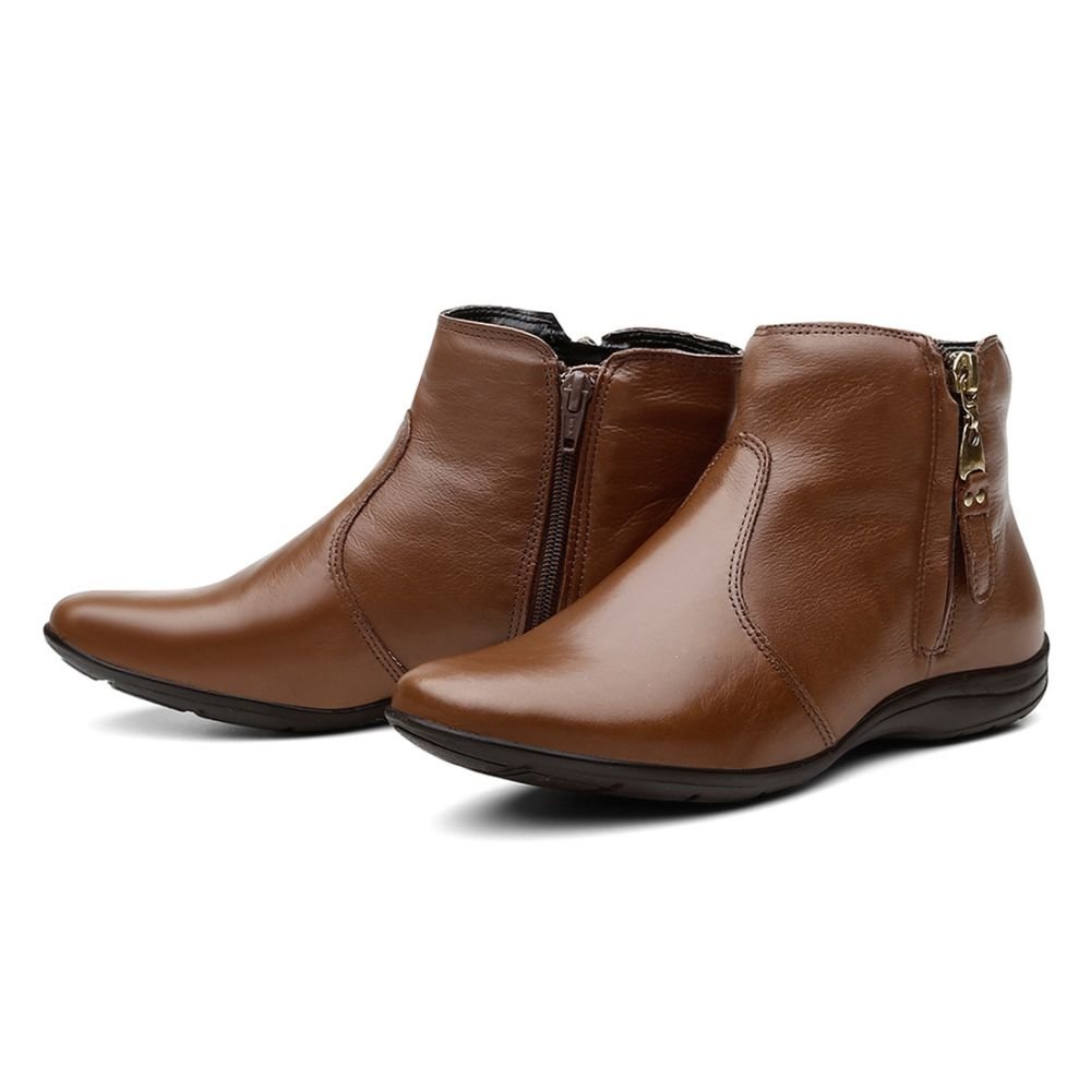 Bota Flat em Couro Feminino Rasteira Básico Zíper Resistente Confortável Marrom 3