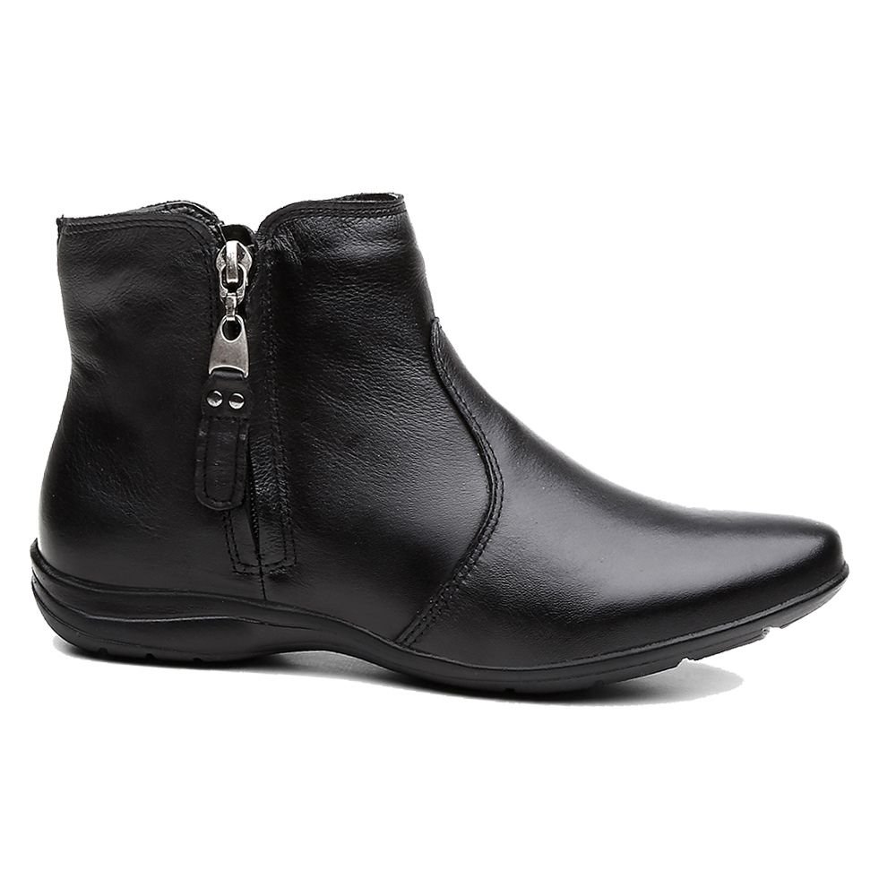Bota Flat em Couro Feminino Rasteira Básico Zíper Resistente Confortável Preto 1