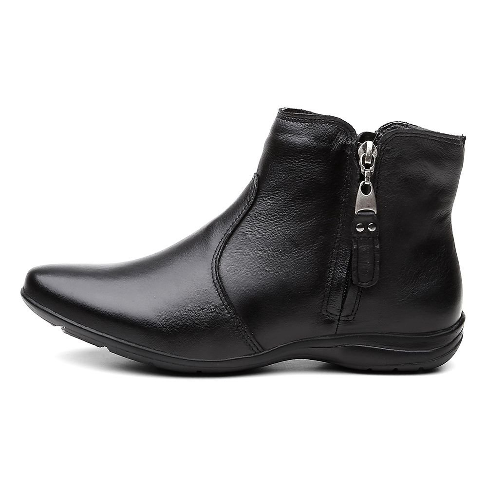 Bota Flat em Couro Feminino Rasteira Básico Zíper Resistente Confortável Preto 3