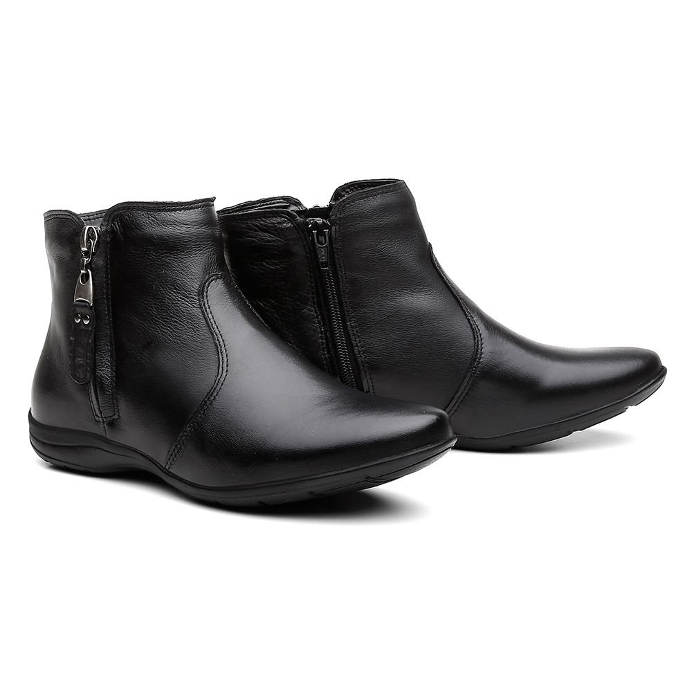 Bota Flat em Couro Feminino Rasteira Básico Zíper Resistente Confortável Preto 2