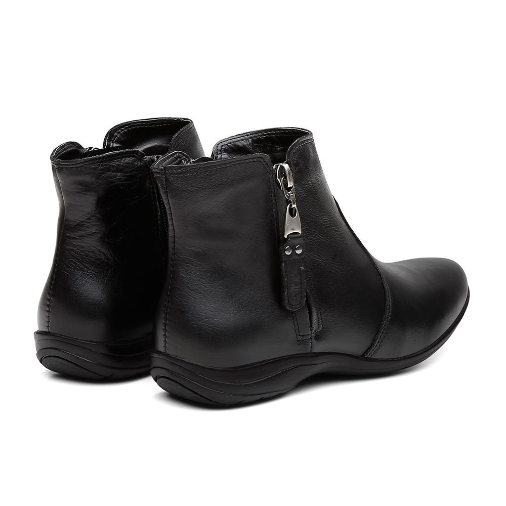 Bota Flat em Couro Feminino Rasteira Básico Zíper Resistente Confortável Preto 4
