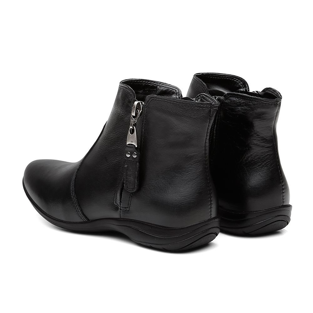 Bota Flat em Couro Feminino Rasteira Básico Zíper Resistente Confortável Preto 5
