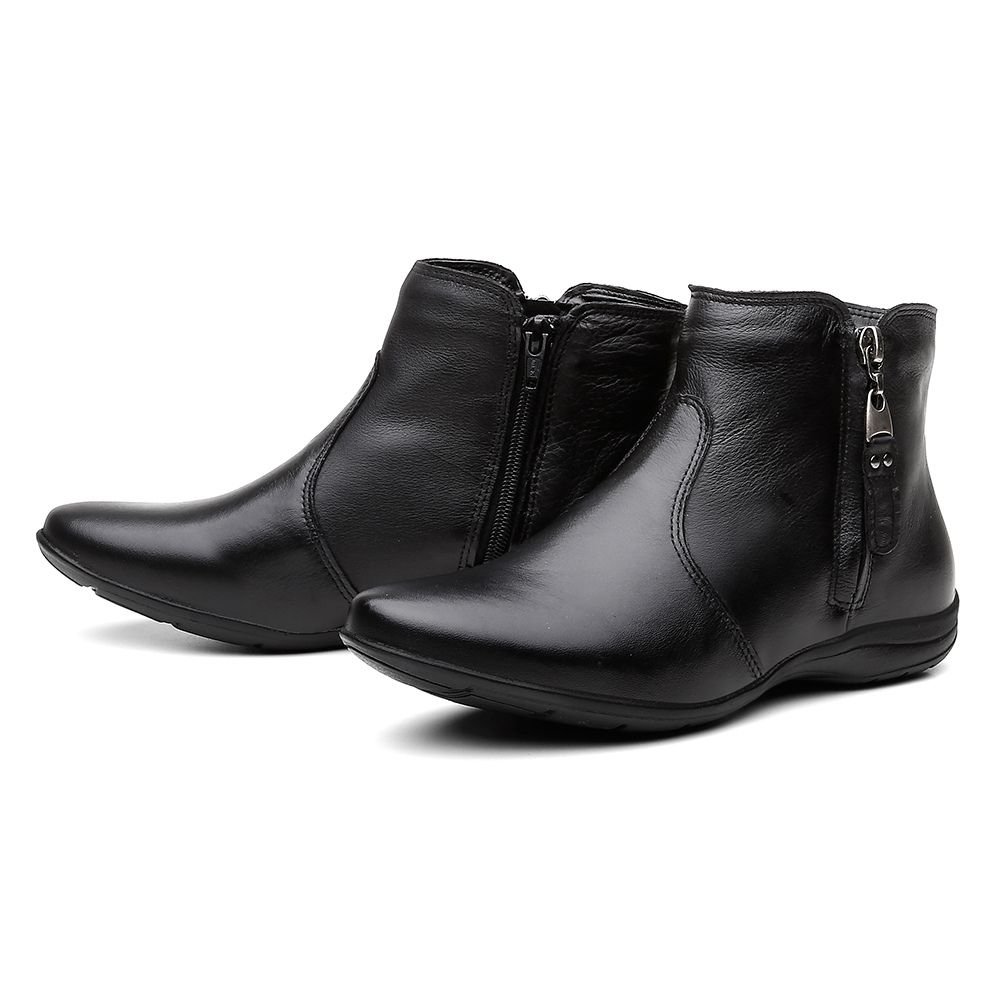 Bota Flat em Couro Feminino Rasteira Básico Zíper Resistente Confortável Preto 6