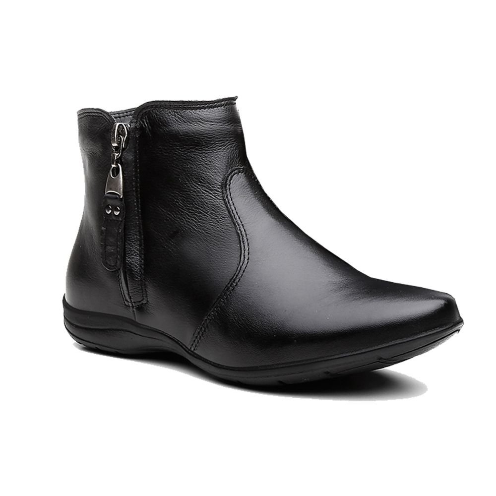 Bota Flat em Couro Feminino Rasteira Básico Zíper Resistente Confortável Preto 7