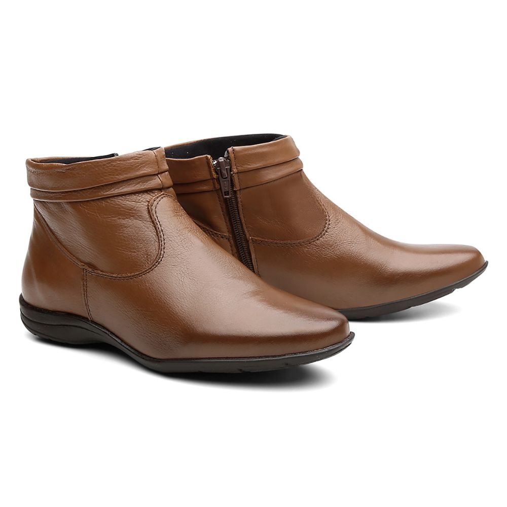 Bota Flat em Couro Feminino Rasteira Zíper Borda Camada Resistente Confortável Marrom 2