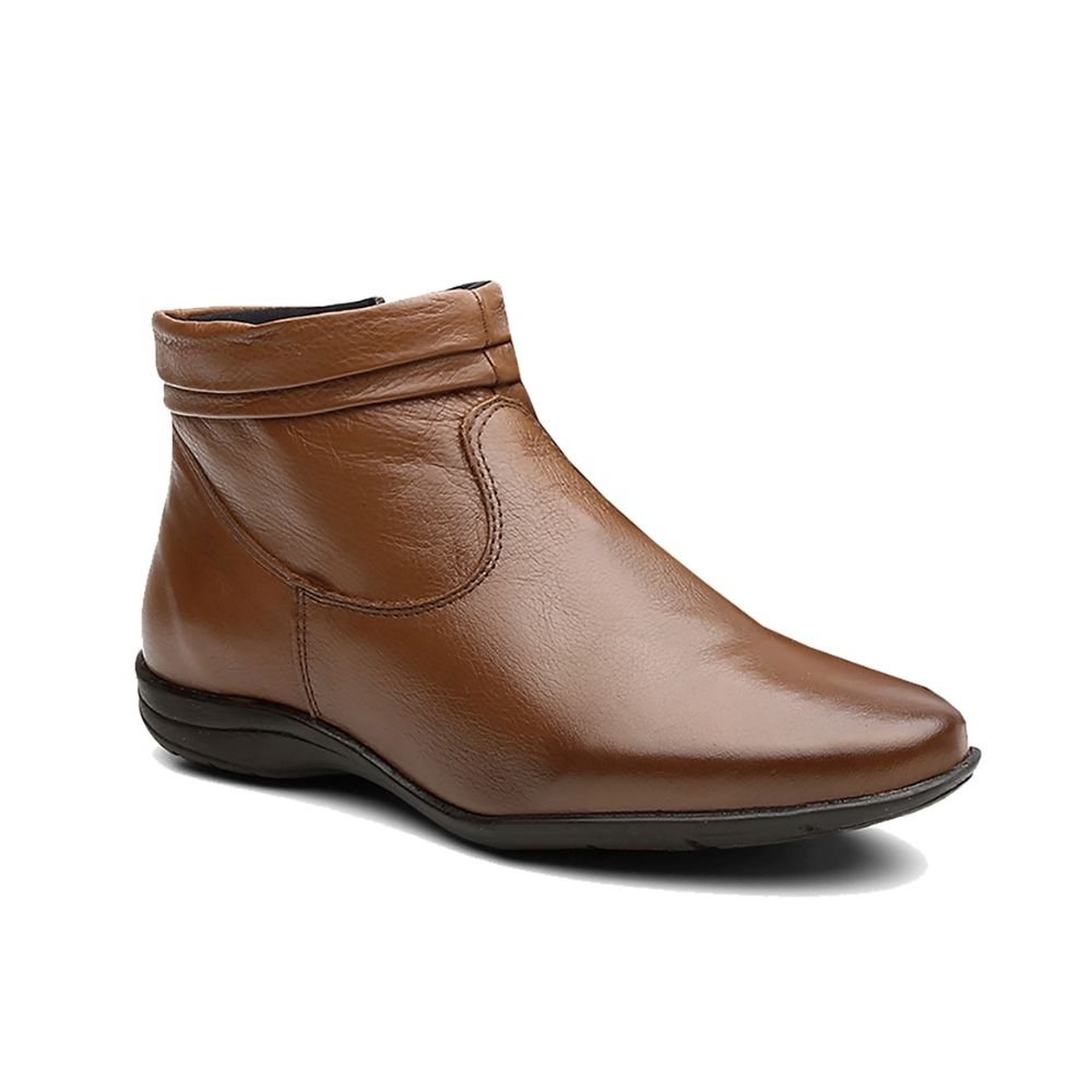 Bota Flat em Couro Feminino Rasteira Zíper Borda Camada Resistente Confortável Marrom 3
