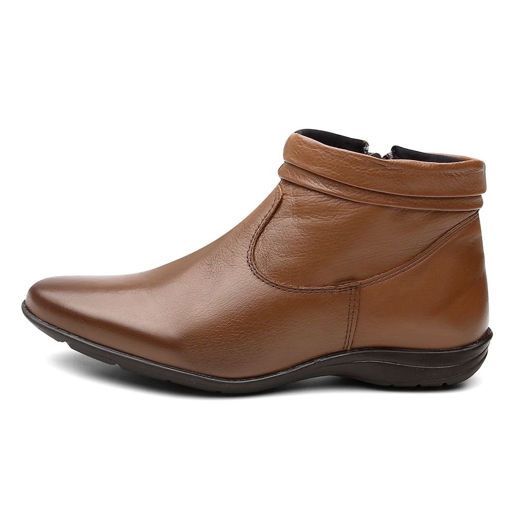 Bota Flat em Couro Feminino Rasteira Zíper Borda Camada Resistente Confortável Marrom 4